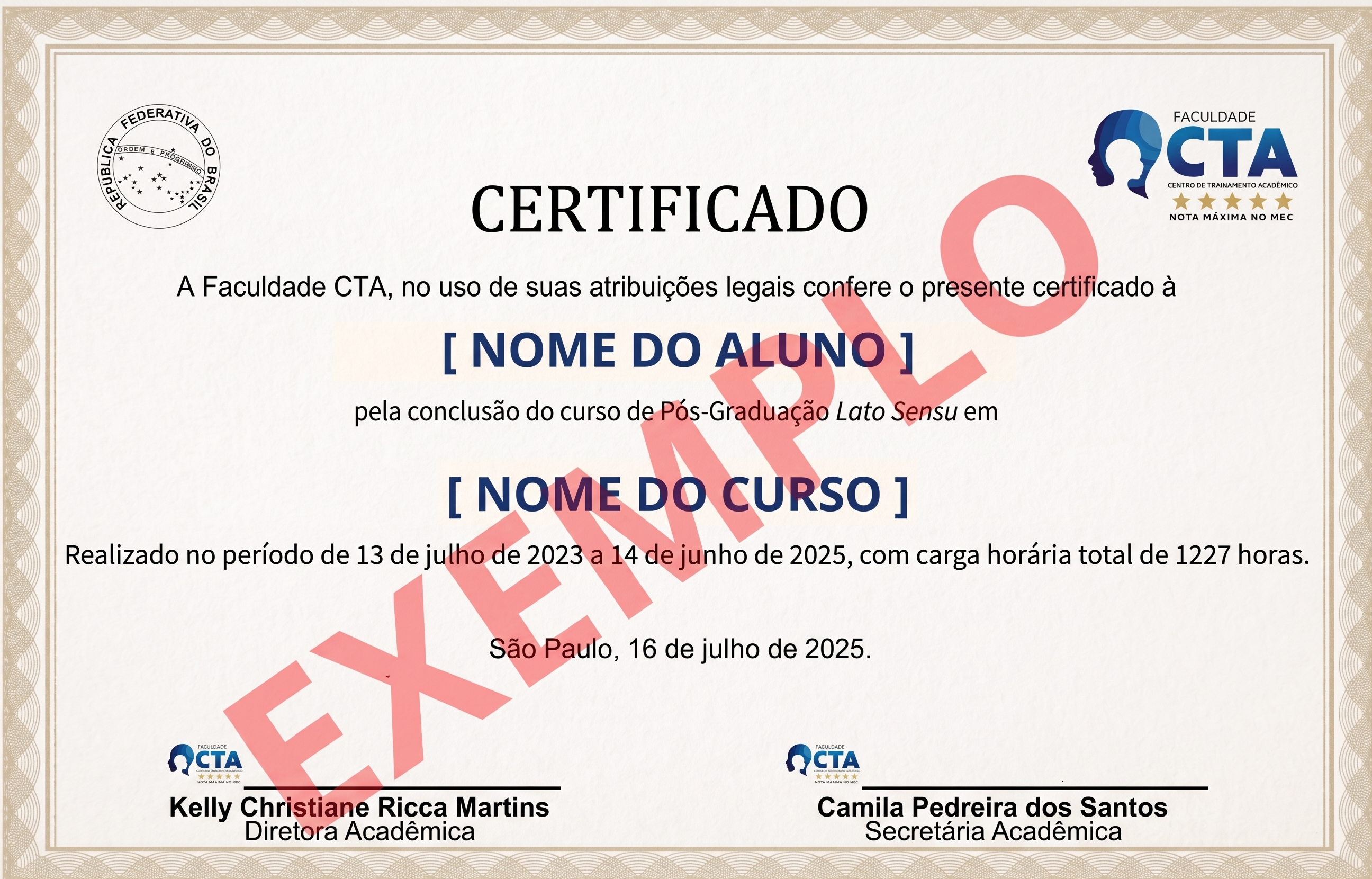 Modelo de certificado emitido pela Faculdade CTA