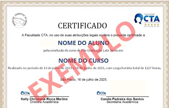 Modelo de certificado emitido pela Faculdade CTA